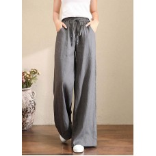 French Grey Elastic Waist Pockets Linen Wide Leg Pants Summer