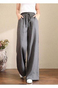 French Grey Elastic Waist Pockets Linen Wide Leg Pants Summer