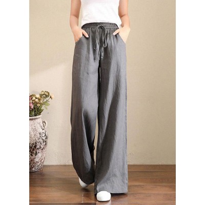 French Grey Elastic Waist Pockets Linen Wide Leg Pants Summer