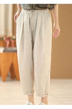 Simple Linen Color Elastic Waist Drawstring Pockets Solid Color Linen Harem Pants Summer