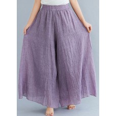 Bohemian Purple Elastic Waist Linen Wide Leg Pants Summer