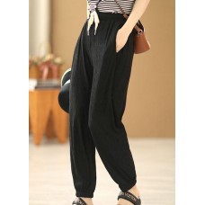 Plus Size Solid Black Elastic Waist Drawstring Pockets Beam Pants Summer