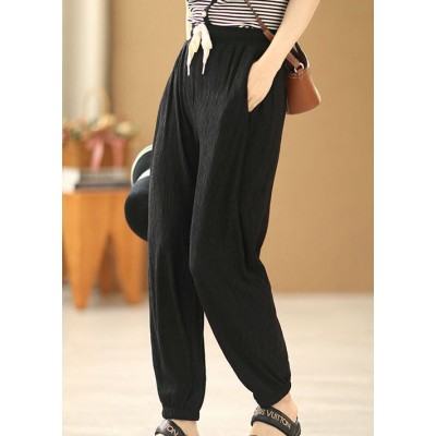 Plus Size Solid Black Elastic Waist Drawstring Pockets Beam Pants Summer