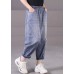 Plus Size Blue Elastic Waist Pockets Patchwork Applique Cotton Denim Harem Pants Summer