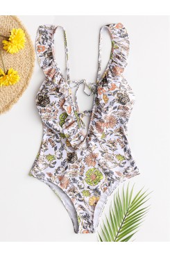 Women Design Floral Print String Ruffles Straps One Piece Backless Swimwear