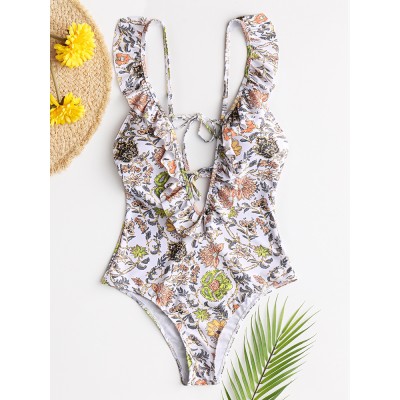 Women Design Floral Print String Ruffles Straps One Piece Backless Swimwear