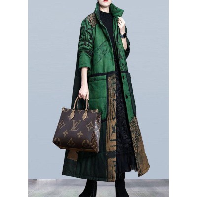 Boutique Green Print Pockets Thick Cotton Winter Long sleeve Coat