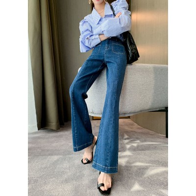 Slim Fit Denim Blue High Waist Pockets Draping Cotton Flare Pants Summer