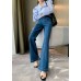 Slim Fit Denim Blue High Waist Pockets Draping Cotton Flare Pants Summer