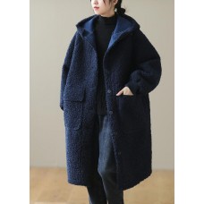 Women Blue Hooded Button Faux Fur Winter Coat