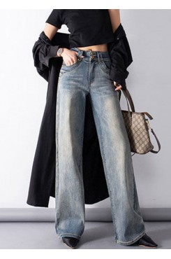 Classy Denim Blue High Waist Pockets Draping Cotton Straight Pants Summer