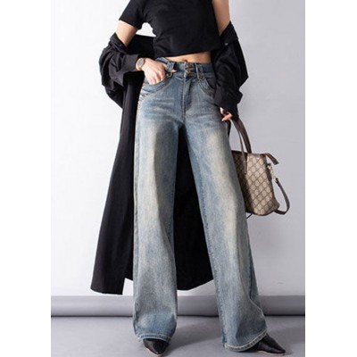 Classy Denim Blue High Waist Pockets Draping Cotton Straight Pants Summer