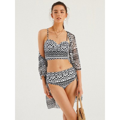 Women Vintage Ethnic Print Push Up Bandage Hot Bikini Cover Ups Three Pieces