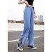 Fashion Light Blue Elastic Waist Side Open Drawstring Cotton Denim Pants Summer